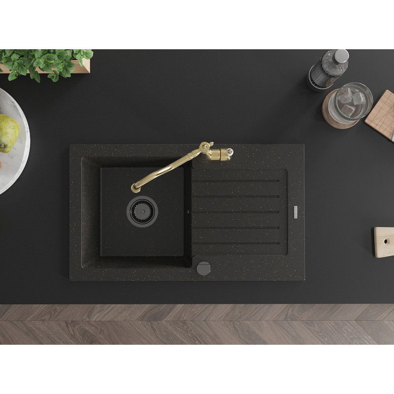 Mexen Pablo jednokomorový žulový drez s odkvapkávačom a kuchynskou batériou Carla, čierny/zlatý metalický - 6510-75-670700-50-B