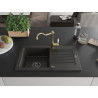 Mexen Pablo granitový kuchynský drez 1-komorový s odkvapkávačom a kuchynskou batériou Carla, čierny/zlatý metalik