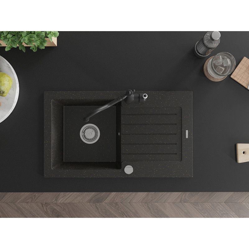 Mexen Pablo granitový drez 1-komorový s odkvapkávačom a kuchynskou batériou Carla, čierno/zlatý metalik - 6510-75-670700-70