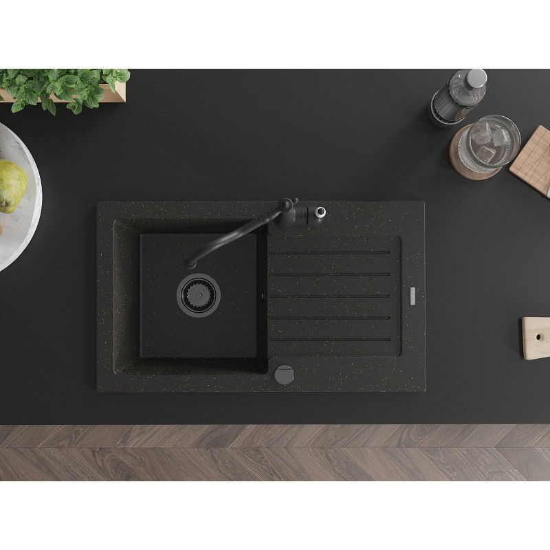 Mexen Pablo granitový drez s 1 komorou, s odkvapkávačom a kuchynskou batériou Carla, čierny/zlatý metalický