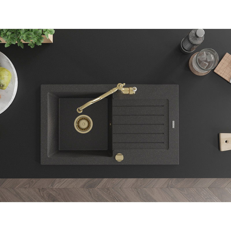 Mexen Pablo granitový jednodrez s odkvapkávačom a kuchynskou batériou Carla, čierny bodkovaný - 6510-76-670700-50