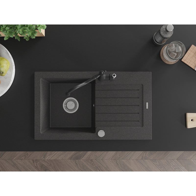 Mexen Pablo granitový drez s 1 komorou a odkvapkávačom a kuchynskou batériou Carla, čierny škvrnitý - 6510-76-670700-70
