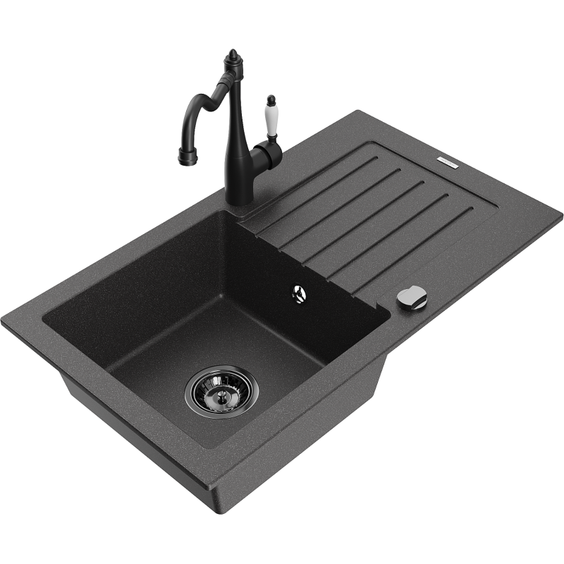 Mexen Pablo žulový drez s odkvapkávacou plochou a kuchynskou batériou Carla, čierny škvrnitý - 6510-76-670700-70-B