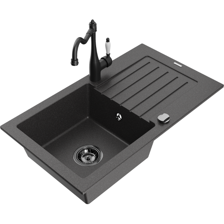 Mexen Pablo žulový drez s odkvapkávacou plochou a kuchynskou batériou Carla, čierny škvrnitý - 6510-76-670700-70-B