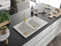 Mexen Gaspar granitový drez 1,5-komorový s odkvapkávačom a kuchynskou batériou Carla, biely - 6507-20-670700-50