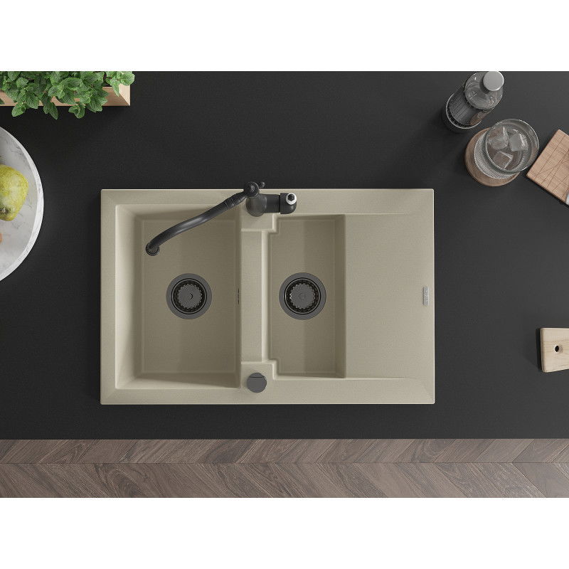 Mexen Gaspar žulový drez 1,5-komorový s odkvapkávačom a kuchynskou batériou Carla, béžový - 6507-69-670700-70