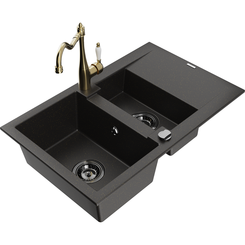 Mexen Gaspar granitový drez 1,5-komorový s odkvapkávačom a kuchynskou batériou Carla čierna/zlatý metalík