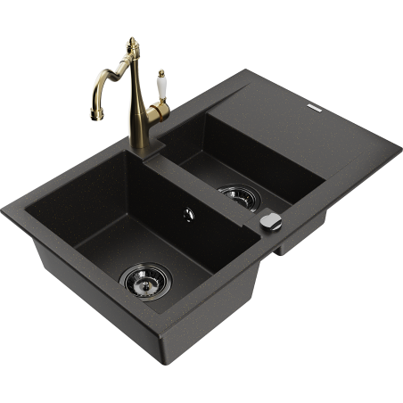 Mexen Gaspar granitový drez 1,5-komorový s odkvapkávačom a kuchynskou batériou Carla čierna/zlatý metalík