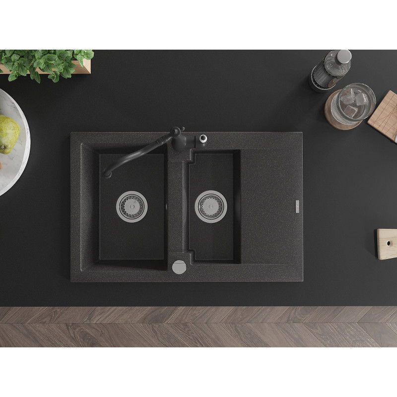 Mexen Gaspar žulový drezy 1,5-komorový s odkvapkávačom a kuchynskou batériou Carla, čierny škvrnitý - 6507-76-670700-70