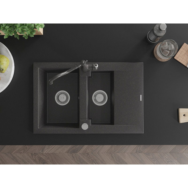 Mexen Gaspar granitový drez 1,5-komorový s odkvapkávačom a kuchynskou batériou Carla, čierny škvrnitý - 6507-76-670700-76