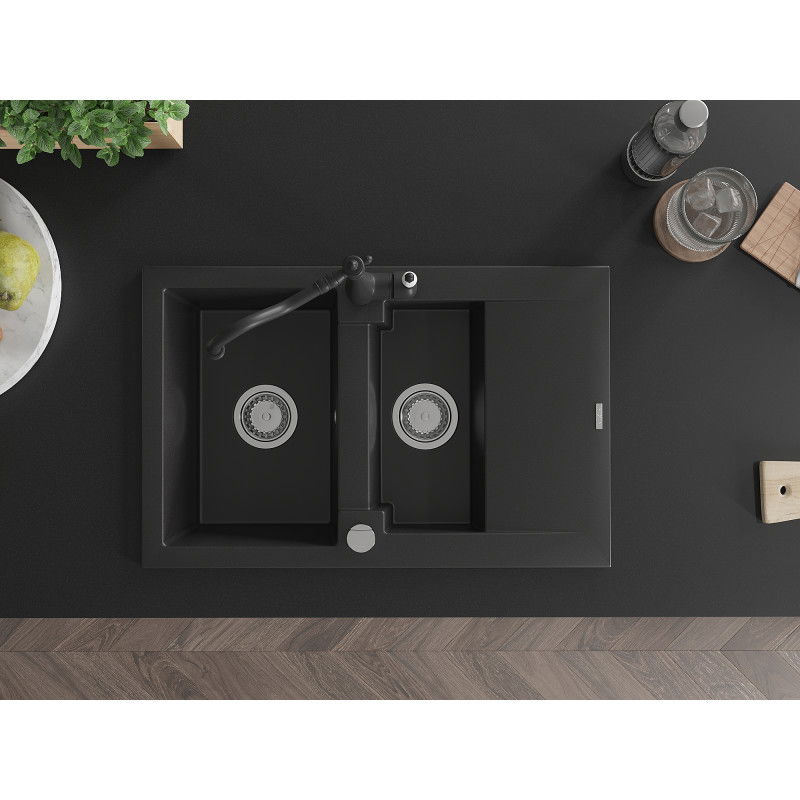 Mexen Gaspar žulový drez 1,5-komorový s odkvapkávačom a kuchynskou batériou Carla, čierny - 6507-77-670700-70