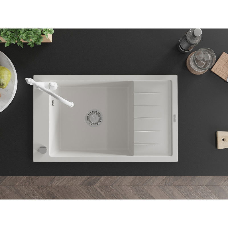 Mexen Elias granitový kuchynský drez s jednou komorou, odkvapkávačom a kuchynskou batériou Carla, biely - 6511-20-670700-20