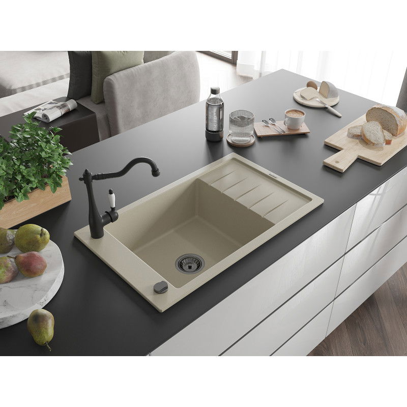 Mexen Elias granitový kuchynský drez, 1-komorový s odkvapkávačom a kuchynskou batériou Carla, béžový - 6511-69-670700-70