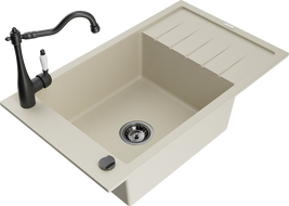 Mexen Elias granitový kuchynský drez, 1-komorový s odkvapkávačom a kuchynskou batériou Carla, béžový - 6511-69-670700-70