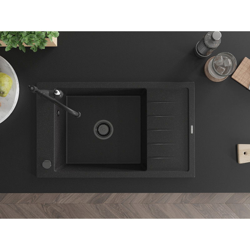 Mexen Elias granitový kuchynský drez s jednou komorou, odkvapkávačom a kuchynskou batériou Carla, čierny/strieborný