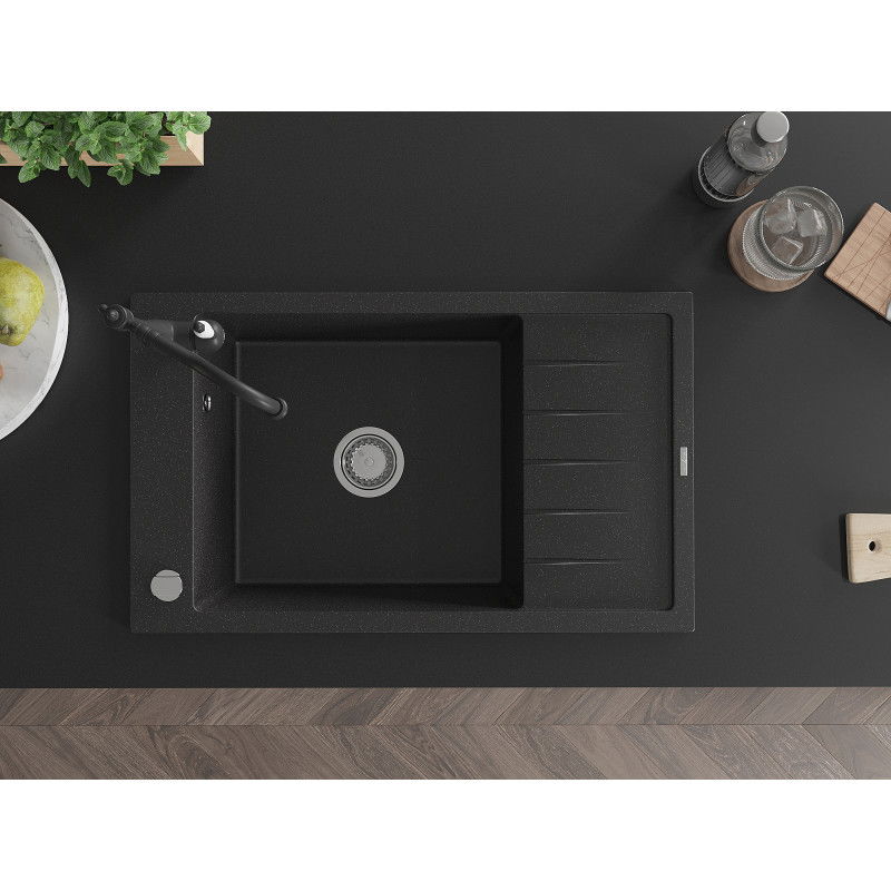 Mexen Elias granitový kuchynský drez s 1 komorou, odkvapkávacou plochou a kuchynskou batériou Carla, čierny/strieborný