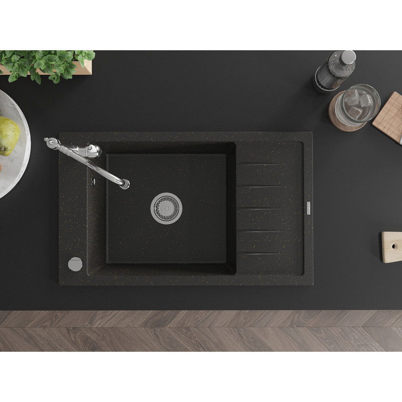 Mexen Elias granitový drez s 1 komorou s odkvapkávacou plochou a kuchynskou batériou Carla, čierny/zlatý metalický