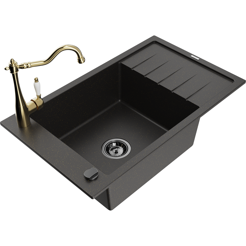 Mexen Elias žulový drez 1-komorový s odkvapkávačom a kuchynskou batériou Carla, čierny/zlatý metalický - 6511-75-670700-50-B