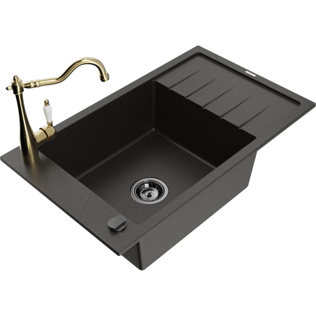 Mexen Elias žulový drez 1-komorový s odkvapkávačom a kuchynskou batériou Carla, čierny/zlatý metalický - 6511-75-670700-50-B
