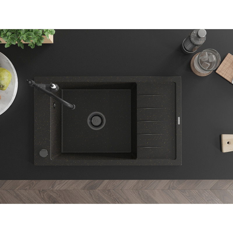 Mexen Elias granitový jednodrez s odkvapkávačom a kuchynskou batériou Carla, čierny/zlatý metalik - 6511-75-670700-70-B