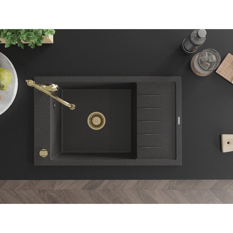 Mexen Elias žulový drez 1-komorový s odkvapkávačom a kuchynskou batériou Carla, čierny bodkovaný - 6511-76-670700-50