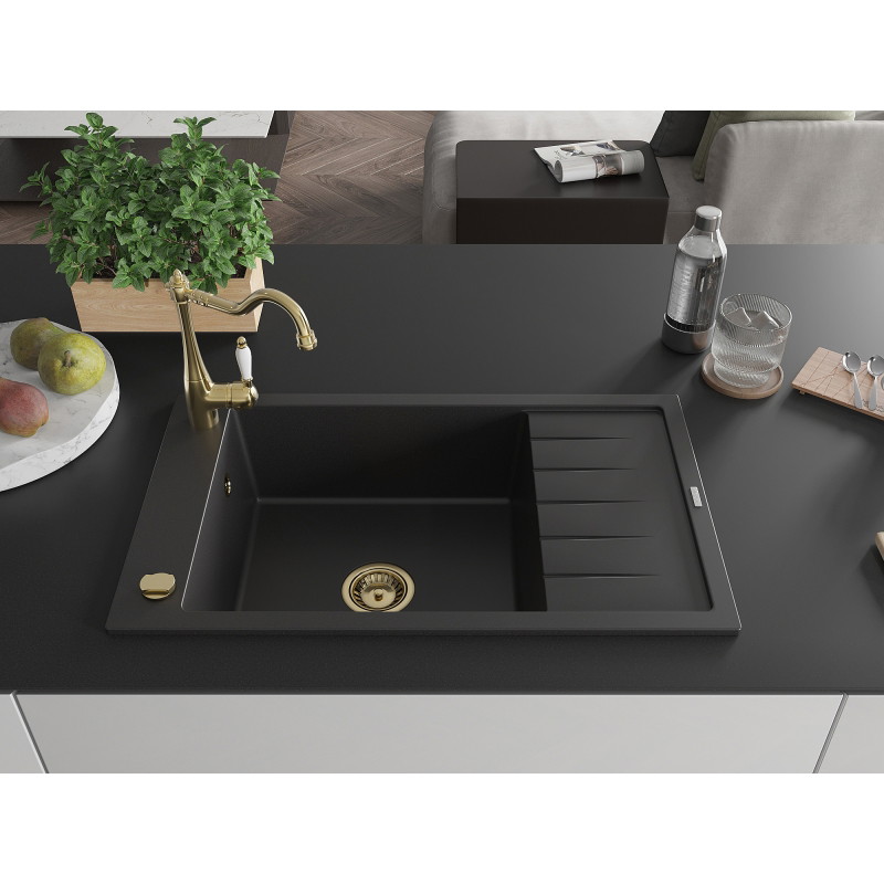 Mexen Elias granitový kuchynský drez s 1 komorou, odkvapom a kuchynskou batériou Carla, čierny - 6511-77-670700-50