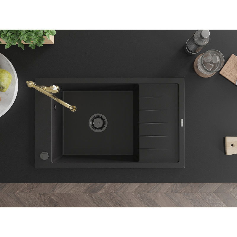 Mexen Elias granitový drez 1-komorový s odkvapkávačom a kuchynskou batériou Carla, čierny - 6511-77-670700-50-B