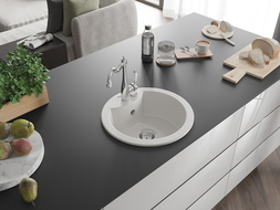 Mexen Diego žulový kuchynský drez s 1-komorou s kuchynskou batériou Carla, biely - 6512-20-670700-00