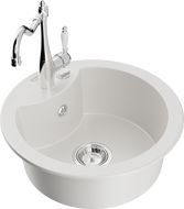 Mexen Diego žulový kuchynský drez s 1-komorou s kuchynskou batériou Carla, biely - 6512-20-670700-00