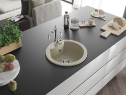 Mexen Diego granitový kuchynský drez 1-komorový s kuchynskou batériou Carla, béžový - 6512-69-670700-00