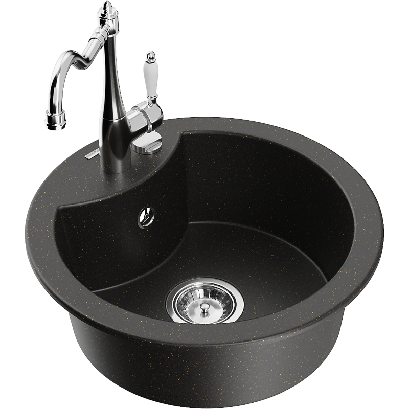 Mexen Diego granitový jednokomorový drez s kuchynskou batériou Carla, čierny/zlatý metalik - 6512-75-670700-00