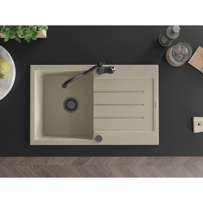 Mexen Bruno granitový drez 1-komorový s odkvapkávačom a kuchynskou batériou Carla, béžový - 6513-69-670700-70