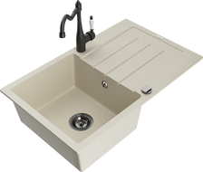 Mexen Bruno granitový drez 1-komorový s odkvapkávačom a kuchynskou batériou Carla, béžový - 6513-69-670700-70