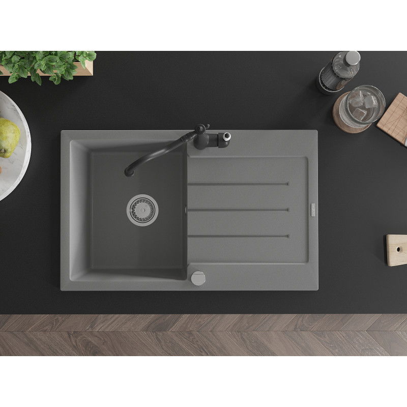 Mexen Bruno žulový kuchynský drez 1-komorový s odkvapkávačom a kuchynskou batériou Carla, sivý - 6513-71-670700-70