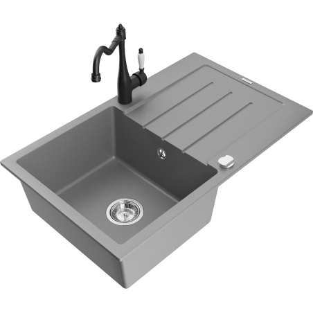Mexen Bruno žulový kuchynský drez 1-komorový s odkvapkávačom a kuchynskou batériou Carla, sivý - 6513-71-670700-70