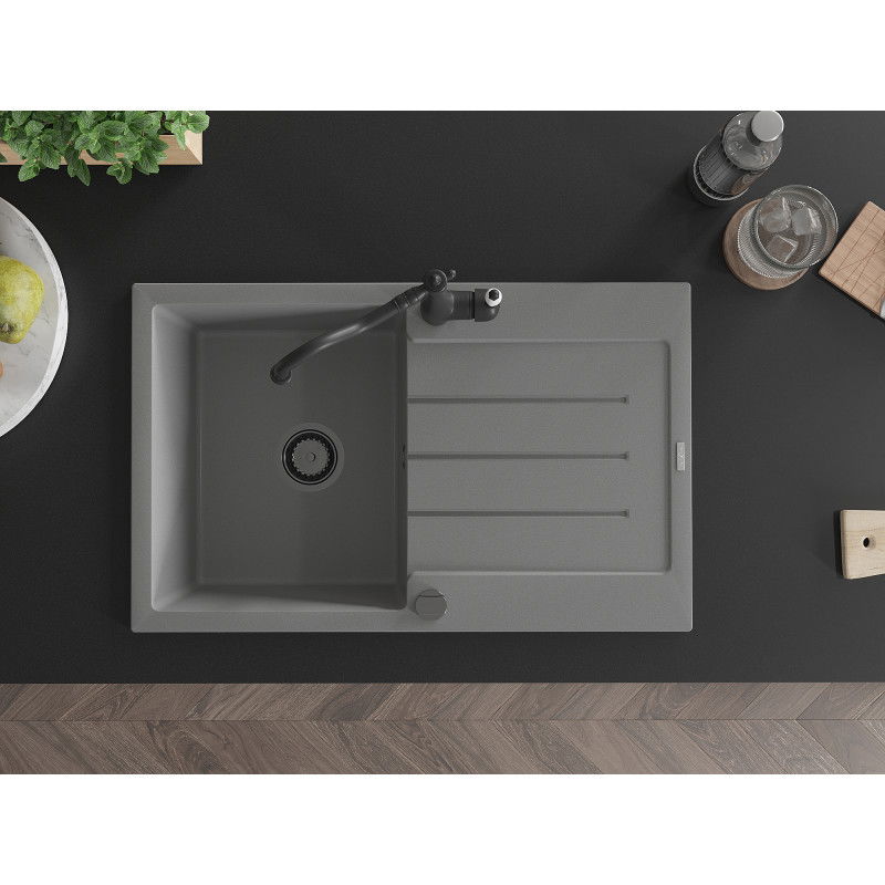 Mexen Bruno žulový drez 1-komorový s odkvapkávačom a kuchynskou batériou Carla, sivý - 6513-71-670700-70-B