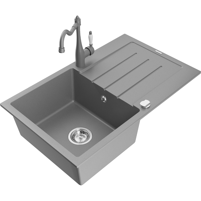 Mexen Bruno žulový kuchynský drez 1-komorový s odkvapkávačom a kuchynskou batériou Carla, sivý - 6513-71-670700-71