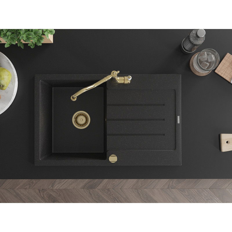 Mexen Bruno granitový drez s 1 komorou a odkvapkávacou plochou a kuchynskou batériou Carla, čierna/strieborný metalík