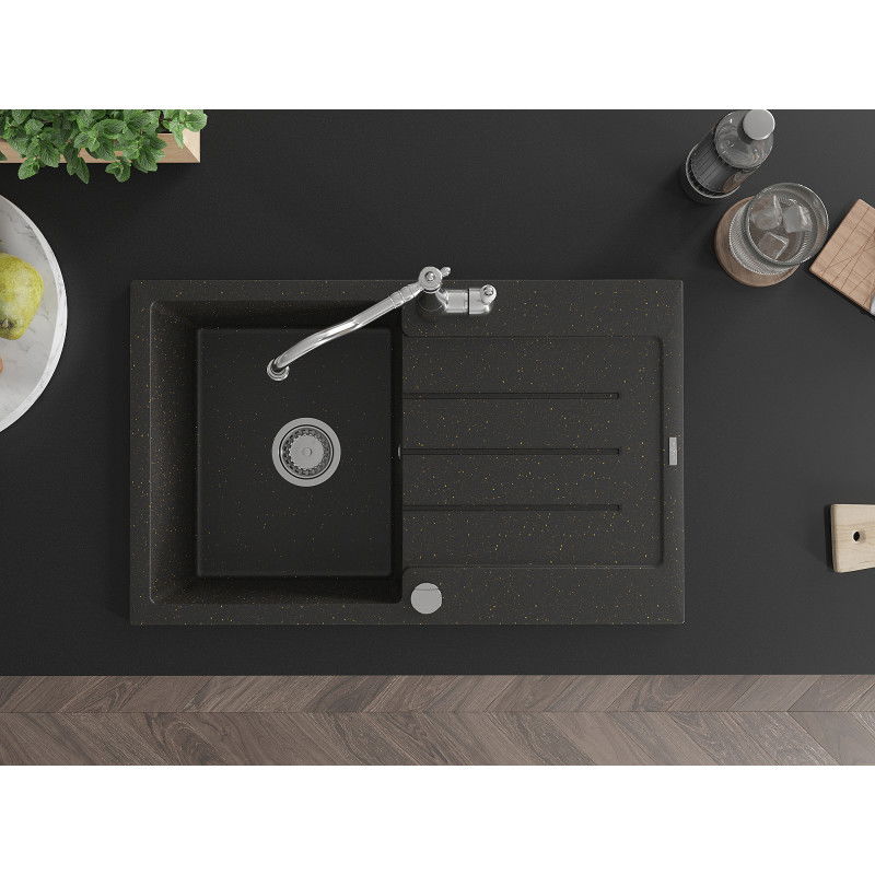 Mexen Bruno granitový kuchynský drez s 1 komorou, odkvapkávačom a kuchynskou batériou Carla, čierny/zlatý metalický