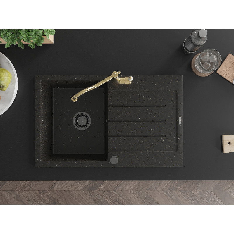 Mexen Bruno granitový drez s 1 komorou s odkvapkávačom a kuchynskou batériou Carla, čierno/zlatý metalický