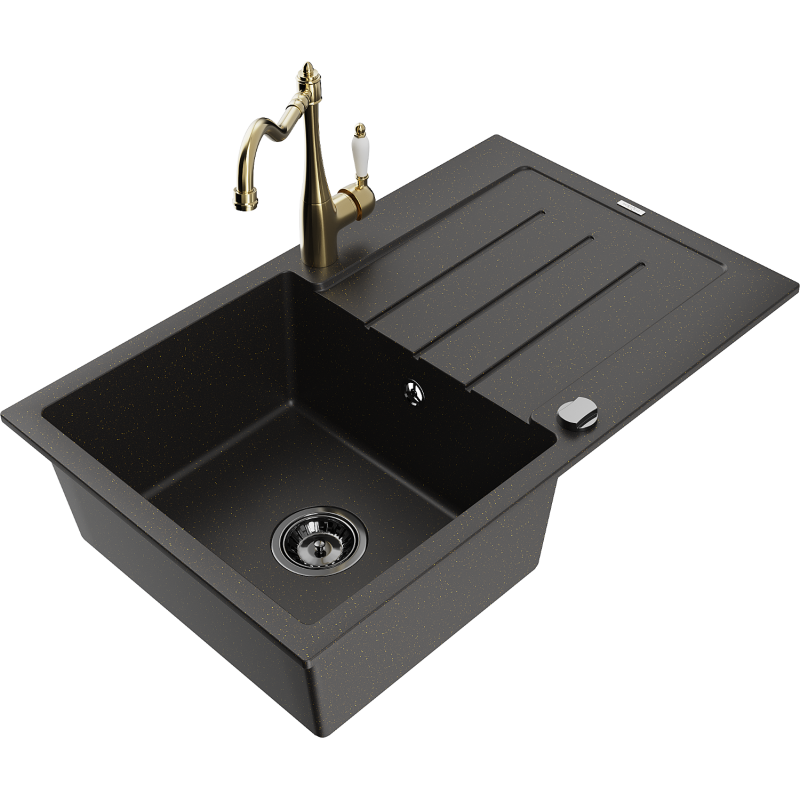 Mexen Bruno granitový drez s 1 komorou s odkvapkávačom a kuchynskou batériou Carla, čierno/zlatý metalický