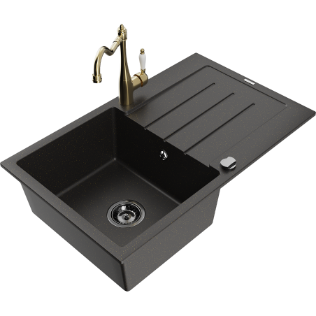 Mexen Bruno granitový drez s 1 komorou s odkvapkávačom a kuchynskou batériou Carla, čierno/zlatý metalický