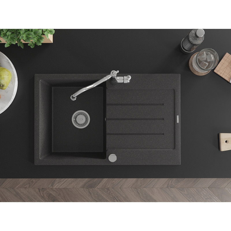Mexen Bruno žulový kuchynský drez s 1 komorou a odkvapkávačom a kuchynskou batériou Carla, čierny bodkovaný - 6513-76-670700-00