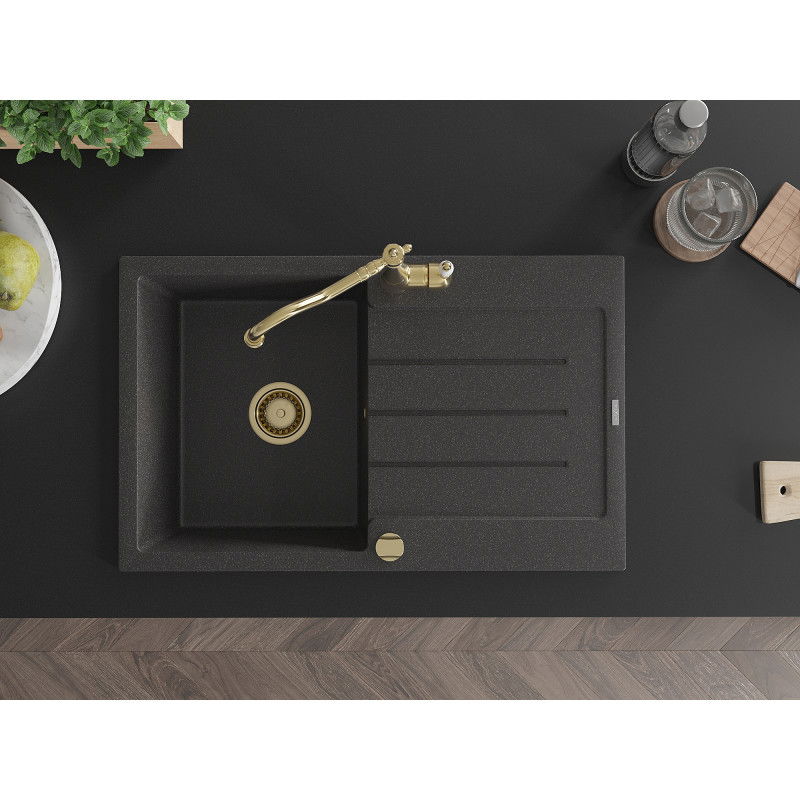 Mexen Bruno granitový drez 1-komorový s odkvapkávačom a kuchynskou batériou Carla, čierny škvrnitý - 6513-76-670700-50