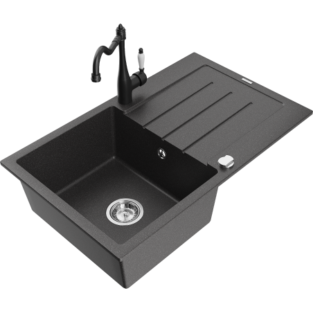 Mexen Bruno žulový kuchynský drez 1-komorový s odkapávačom a kuchynskou batériou Carla, čierny striekaný - 6513-76-670700-70