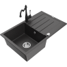 Mexen Bruno žulový kuchynský drez 1-komorový s odkapávačom a kuchynskou batériou Carla, čierny striekaný - 6513-76-670700-70