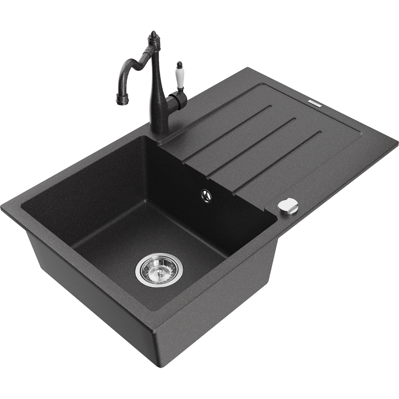 Mexen Bruno žulový kuchynský drez s 1 komorou a odkapávačom a kuchynskou batériou Carla, čierny škvrnitý - 6513-76-670700-76