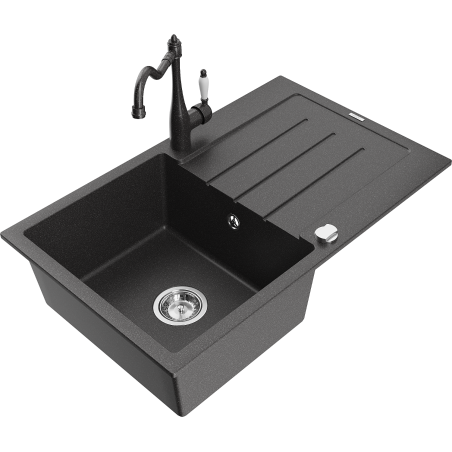 Mexen Bruno žulový kuchynský drez s 1 komorou a odkapávačom a kuchynskou batériou Carla, čierny škvrnitý - 6513-76-670700-76