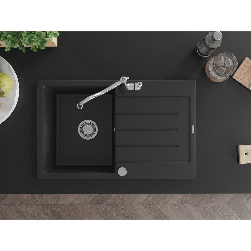 Mexen Bruno granitový kuchynský drez s 1-komorou, odkvapkávačom a kuchynskou batériou Carla, čierna - 6513-77-670700-00