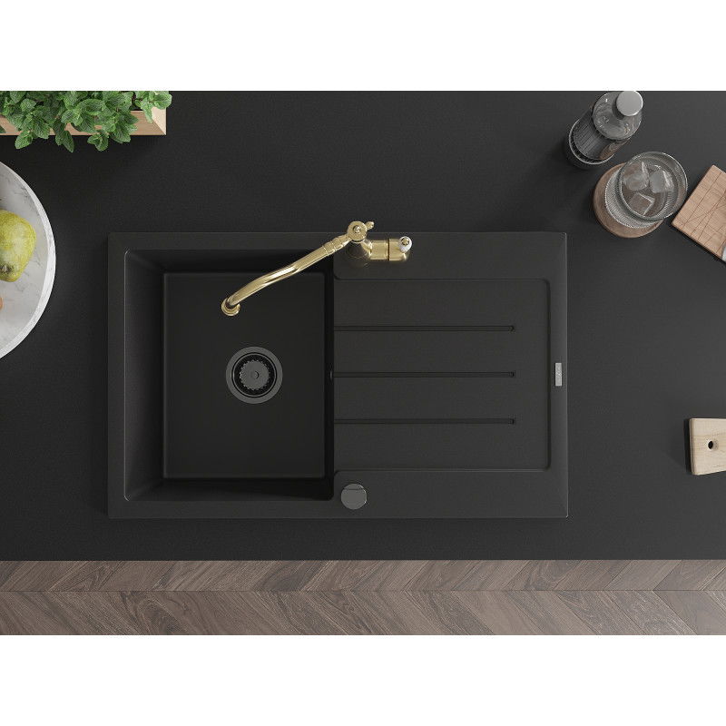 Mexen Bruno 1-komorový žulový drez s odkvapkávačom a kuchynskou batériou Carla, čierny - 6513-77-670700-50-B
